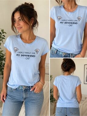 Bershka Light Blue 'I Really Really Love My Cat' Short Sleeve Tee